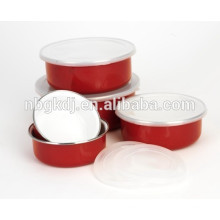 5 conjuntos de tigelas de comida de esmalte com tampas de PE e decalques vermelhos
